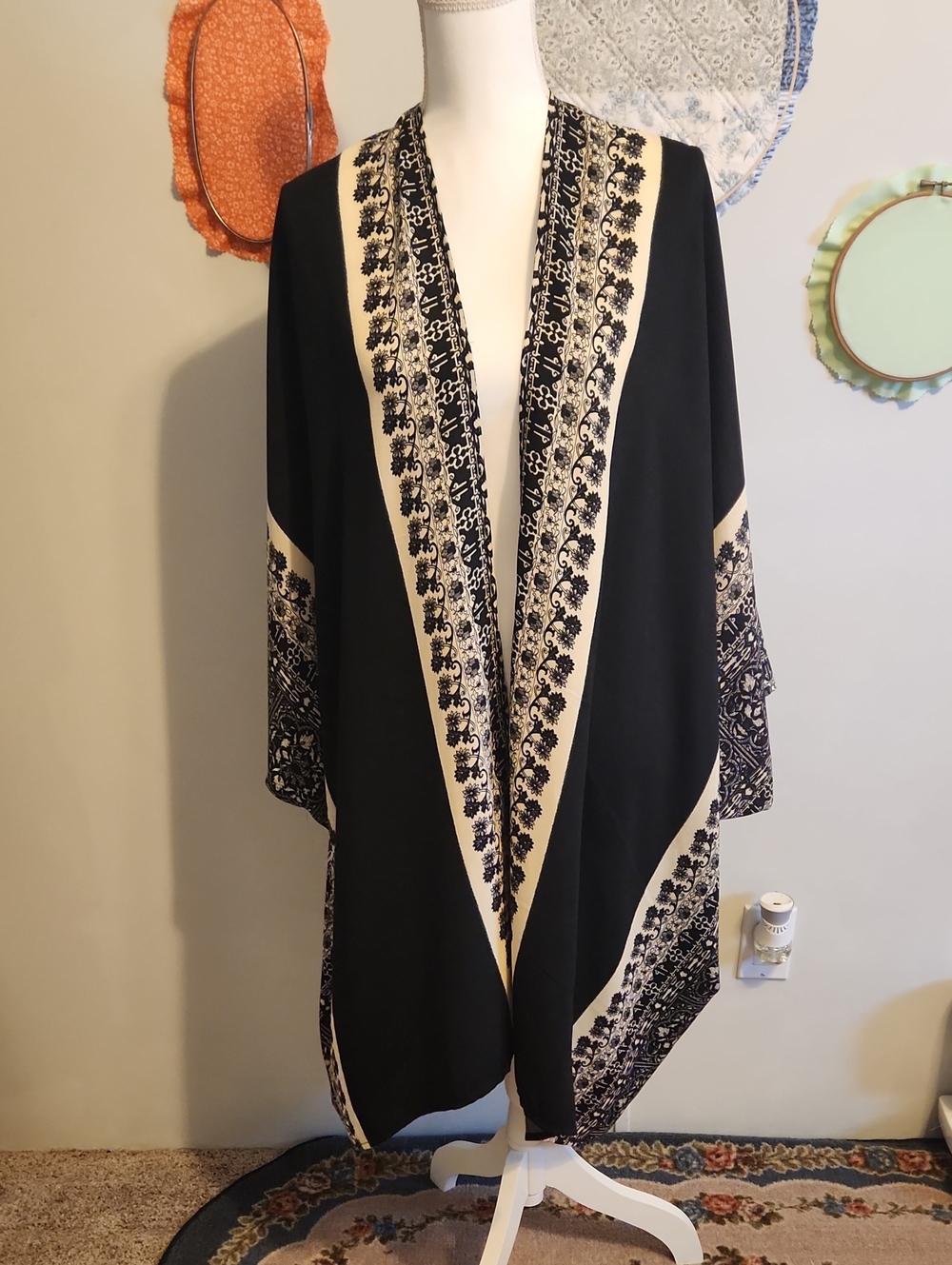 Maurices Black and Cream Open-Front Boho Kimono Shawl